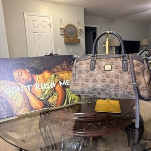 MCM Brown Monogram Satchel with Dark Brown Handles